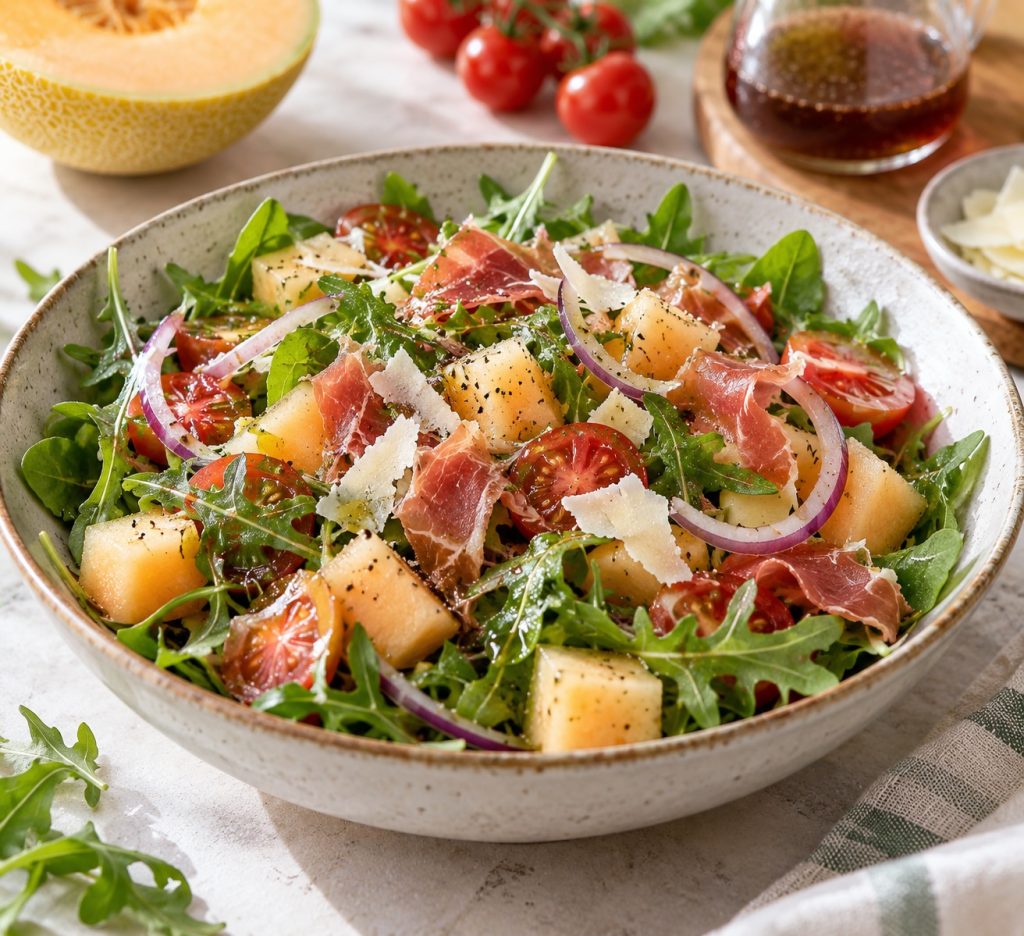 Salade van meloen, rucola en rauwe ham