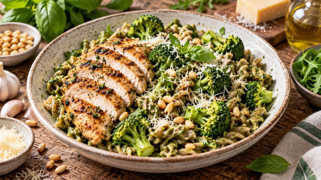 Pasta pesto met kip en broccoli