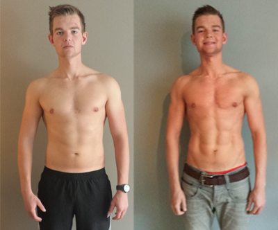 Twee foto's van dezelfde man voor en na fitness transformatie.