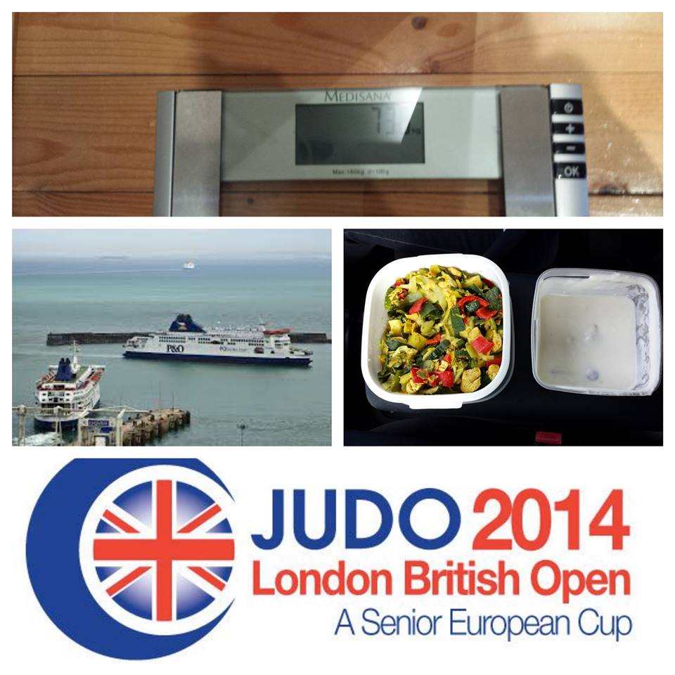 Collage met weegschaal, veerboten, lunch en judo-evenement.