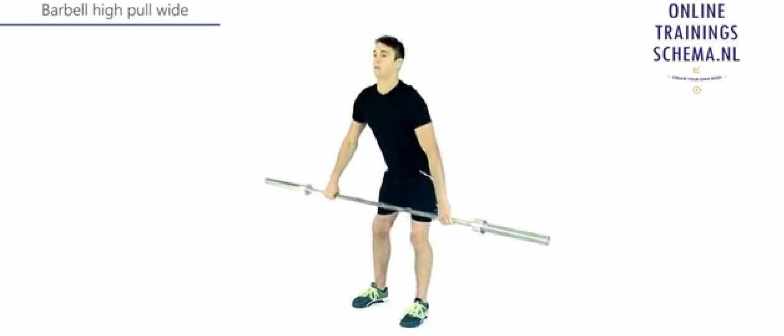 Man voert een barbell high pull uit in zwarte sportkleding.